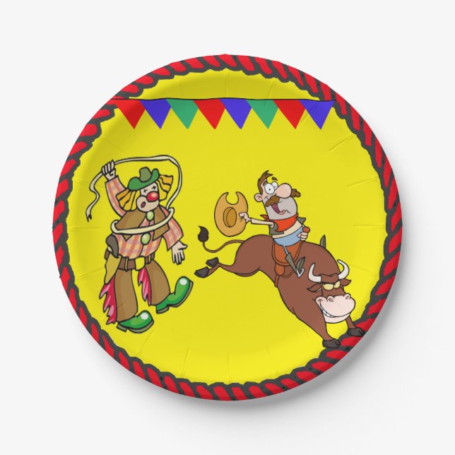Western Party Bull Rider and Rodeo Clown Paper Plates (Front)