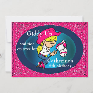 Western Party Cartoon Cowgirl On Stick Horse Invitation