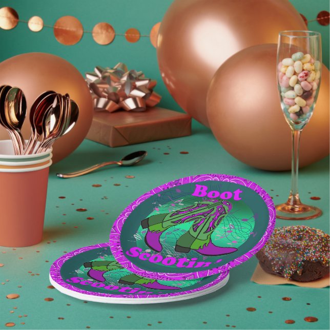 Western Party Cowboy Boot Scootin"  Dance Purple Paper Plates (Multi)