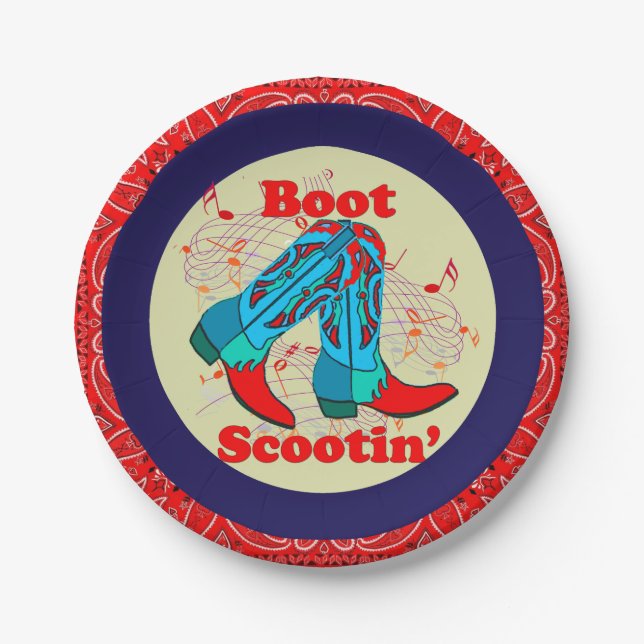 Western Party Cowboy Boot Scootin"  Dance Red Paper Plates (Front)