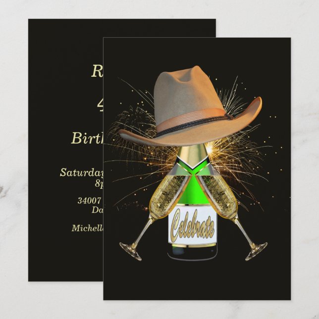 Western Party Cowboy Hat Champagne Fireworks Invit Invitation (Front/Back)