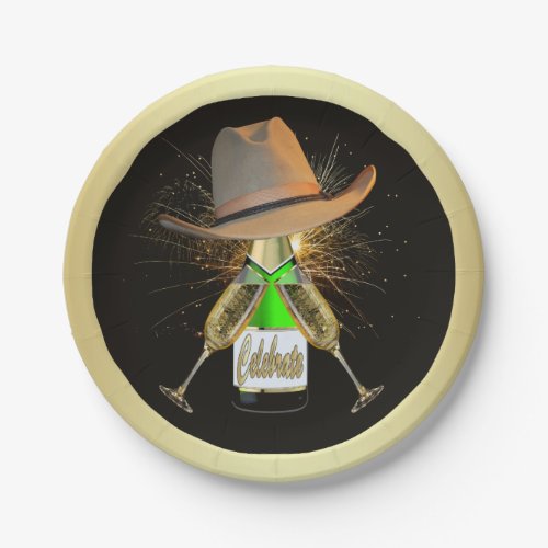 Western Party Cowboy Hat Champagne Fireworks Plate
