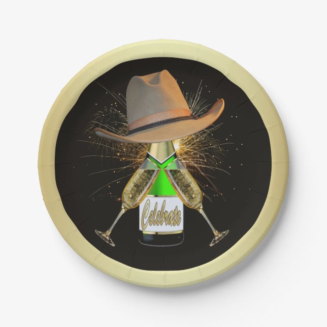 Western Party Cowboy Hat Champagne Fireworks Plate (Front)