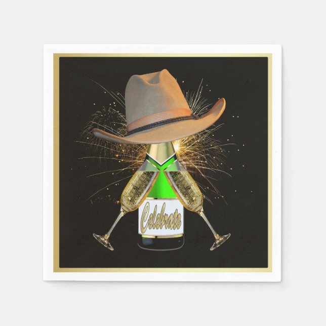 Western Party Cowboy Hat Champagne Frieworks Napkins (Front)