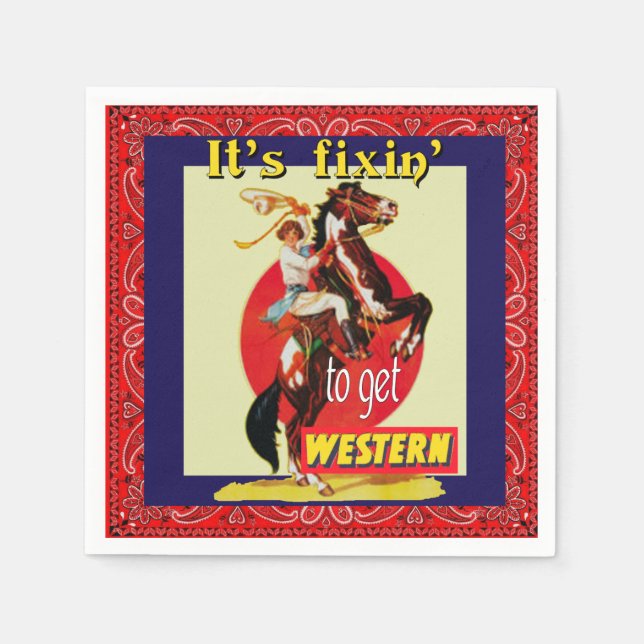 Western Party Cowgirl Horse Fixin' To Get Western Napkins (Front)