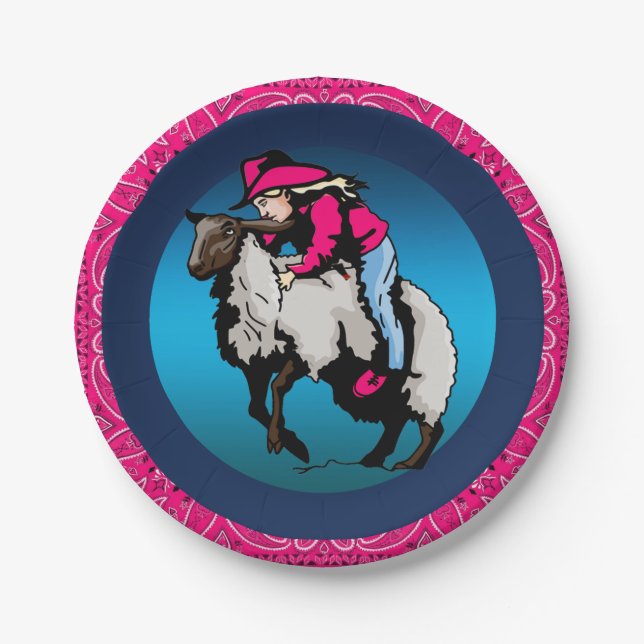 Western Party Cowgirl Mutton Bustin' Pink Bandana Paper Plates (Front)