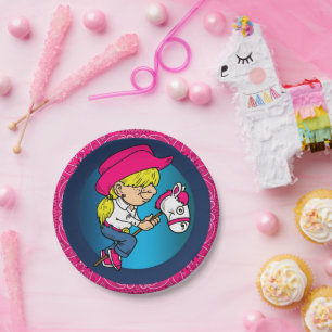 Western Party Cowgirl On Stick Horse Pink Bandana Paper Plates