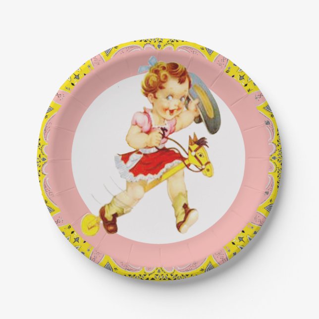 Western Party Cowgirl On Stick Horse Pink Yellow Paper Plates (Front)
