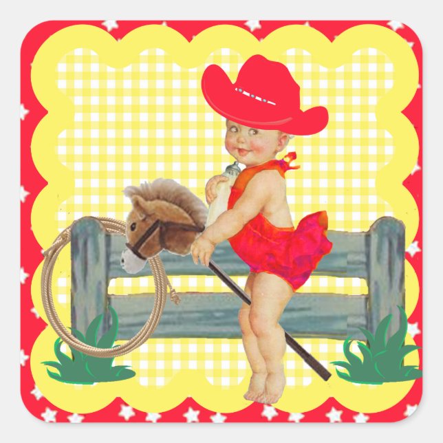 Western Party Cowgirl On Stick Horse Stickers (Front)