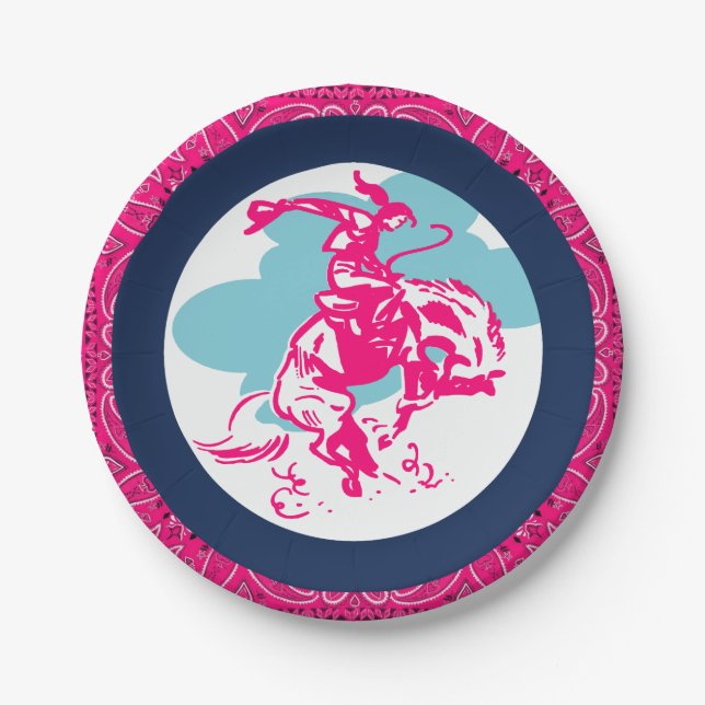 Western Party Cowgirl Riding Bucking Horse Paper Plates (Front)