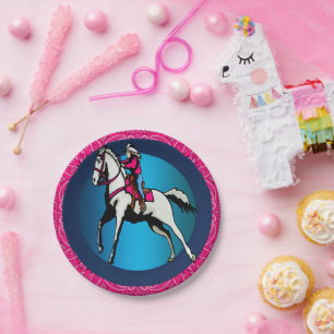 Western Party Cowgirl Riding Horse Pink Bandana Paper Plates