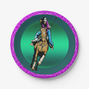 Western Party Cowgirl Riding Horse Purple Bandana Paper Plates