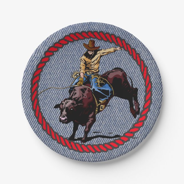 Western Party Denim Print Paper Plates (Front)