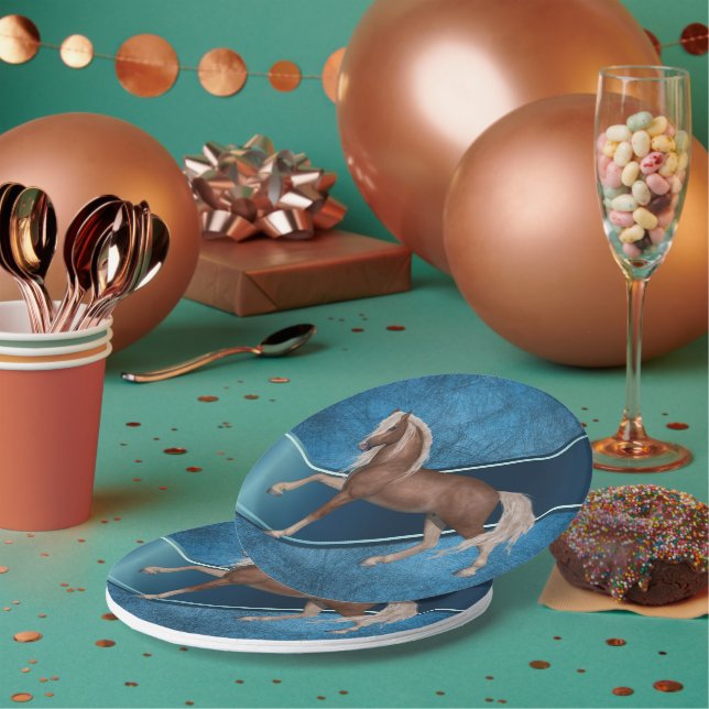 Western Party Horse On Blue Background Paper Plates (Multi)