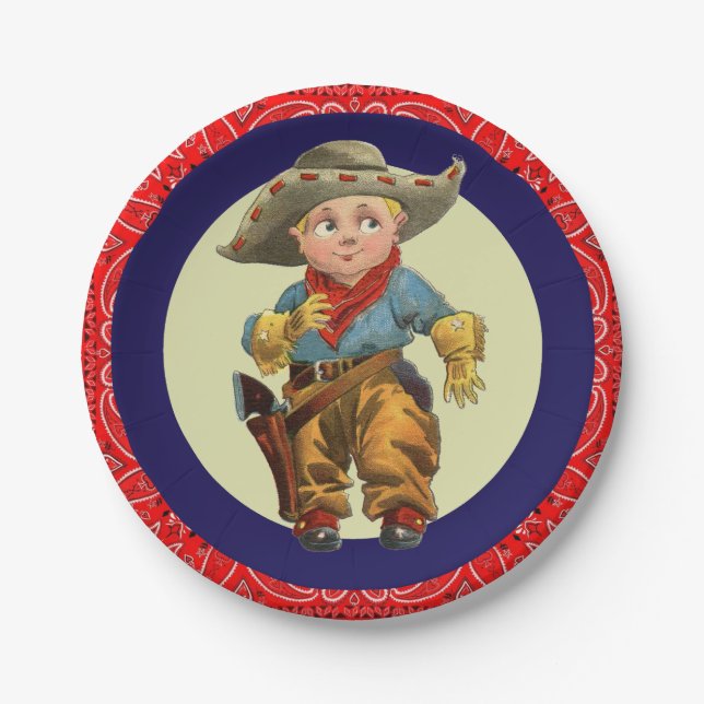 Western Party Little Cowboy Red Bandana Paper Plates (Front)