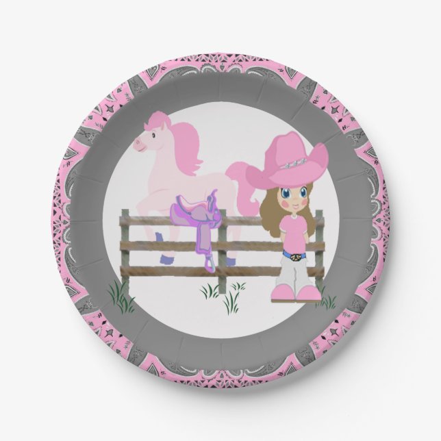 Western Party Little Cowgirl Horse and Saddle Paper Plates (Front)