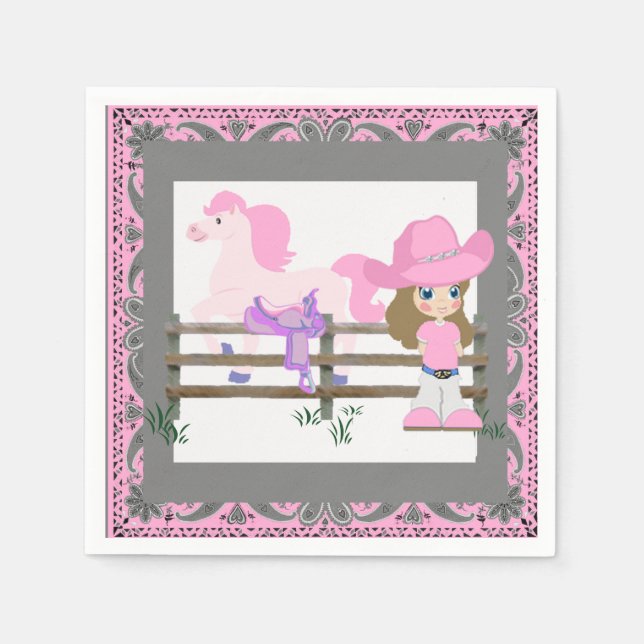 Western Party Little Cowgirl Horse Saddle Pink Napkins (Front)