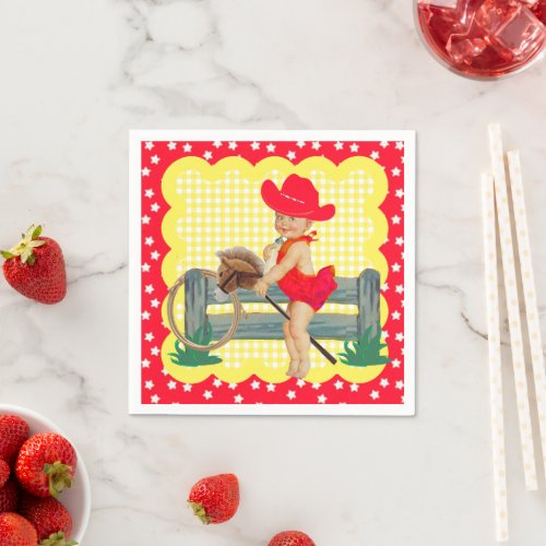 Western Party Little Cowgirl On Stick Horse Napkin
