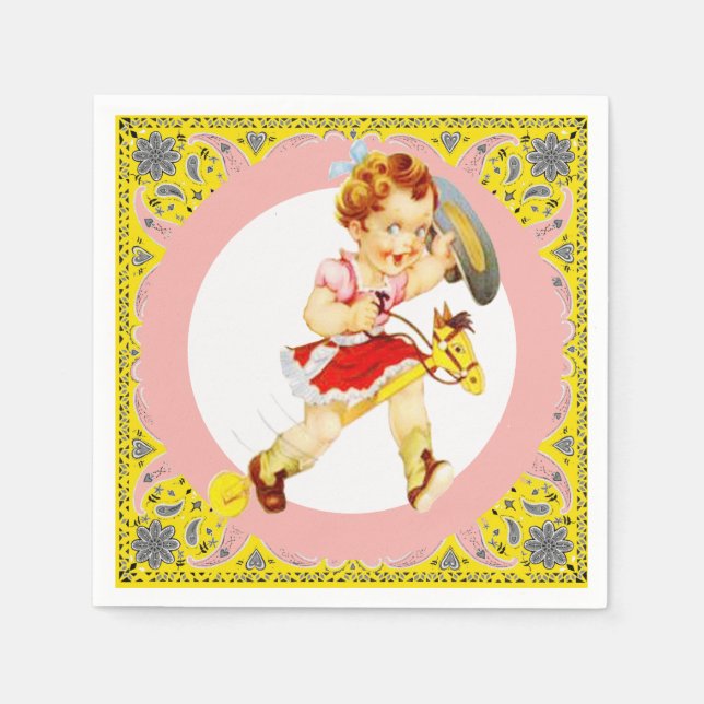 Western Party Little Cowgirl On Stick Horse Napkins (Front)