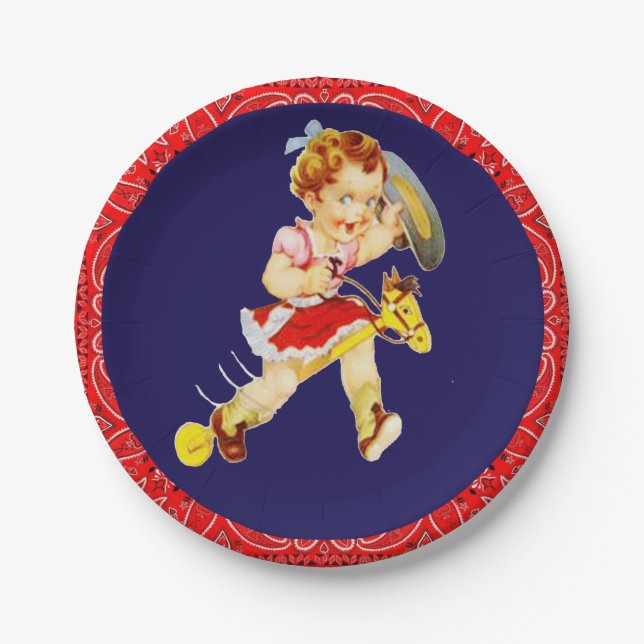 Western Party Little Cowgirl On Stick Horse Paper Plates (Front)