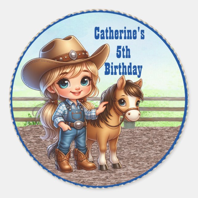 Western Party Little Cowgirl With Horse Custom  Classic Round Sticker (Front)