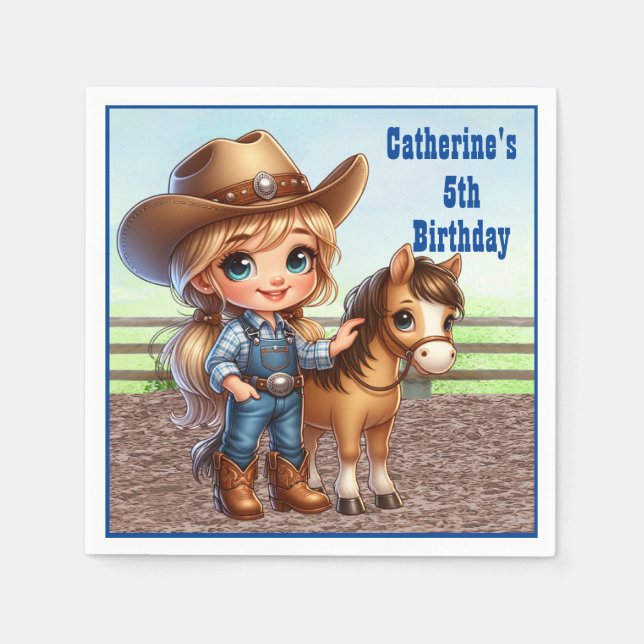 Western Party Little Cowgirl With Horse Custom Napkins (Front)
