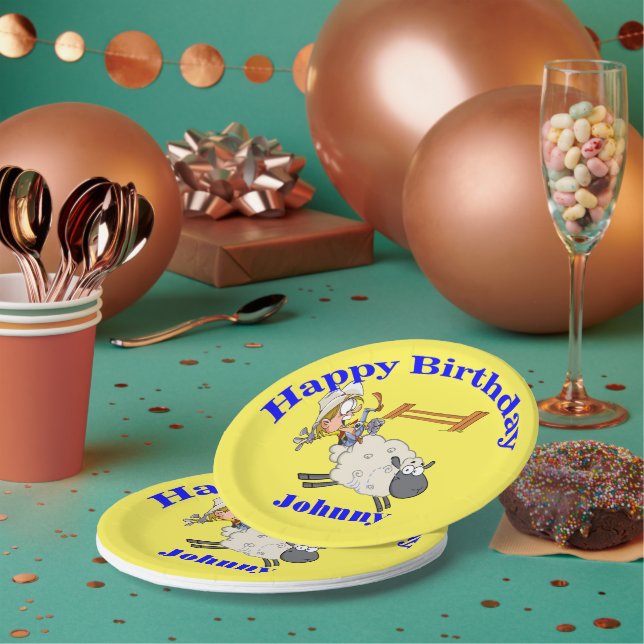Western Party Mutton Bustin Cowboy Cowgirl Kid Paper Plates (Multi)