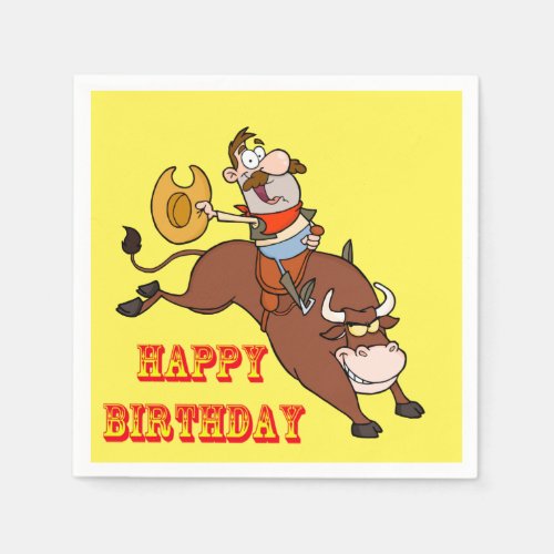 Western Party Napkins Cartoon Cowboy Bull Riding
