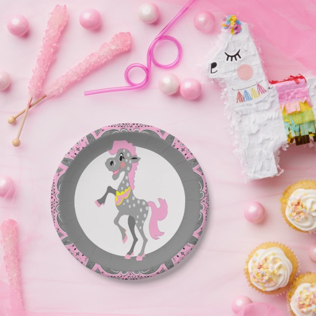 Western Party Polka Dot Cartoon Horse Paper Plates (Party)