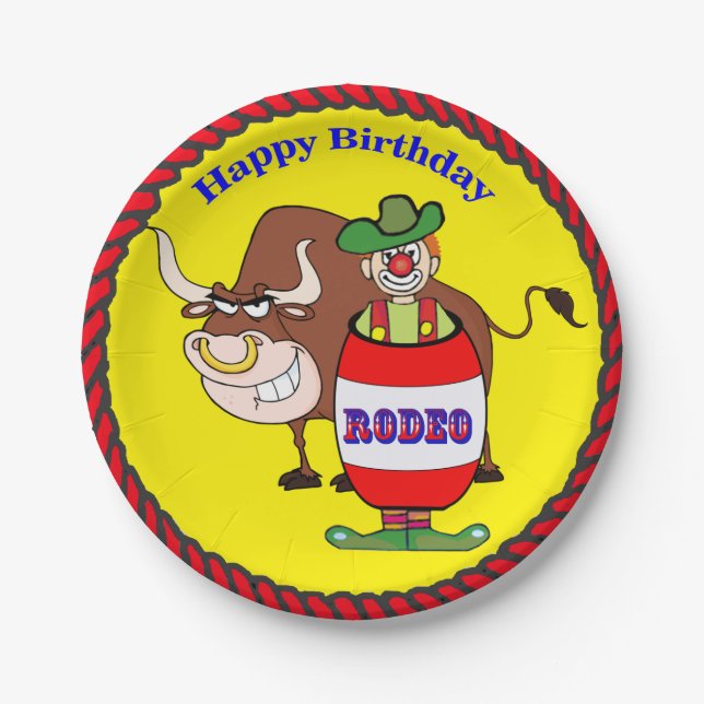 Western Party Rodeo Clown and Bull Happy Birthday Paper Plates (Front)