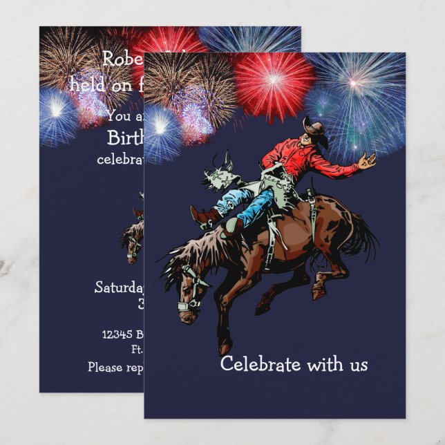 Western Party Rodeo Cowboy Bronc Rider Blue Invitation (Front/Back)
