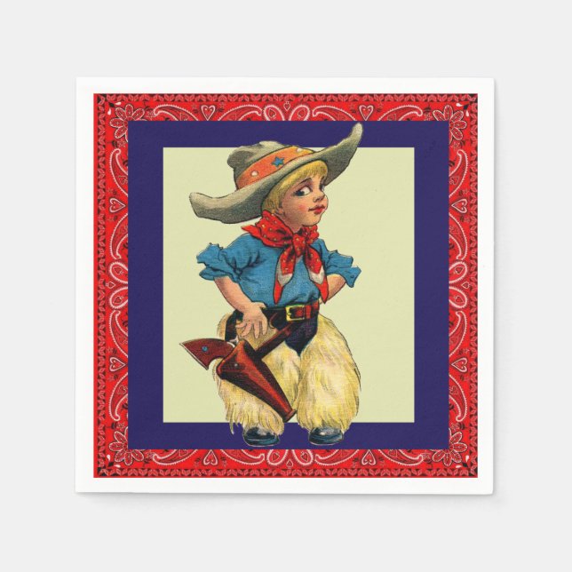 Western Party Vintage Cowboy Kid Red Bandana Napkins (Front)