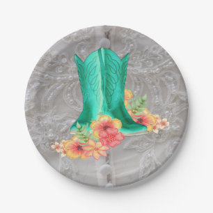 Western Party Wedding Cowboy Boots And Flowers Paper Plates