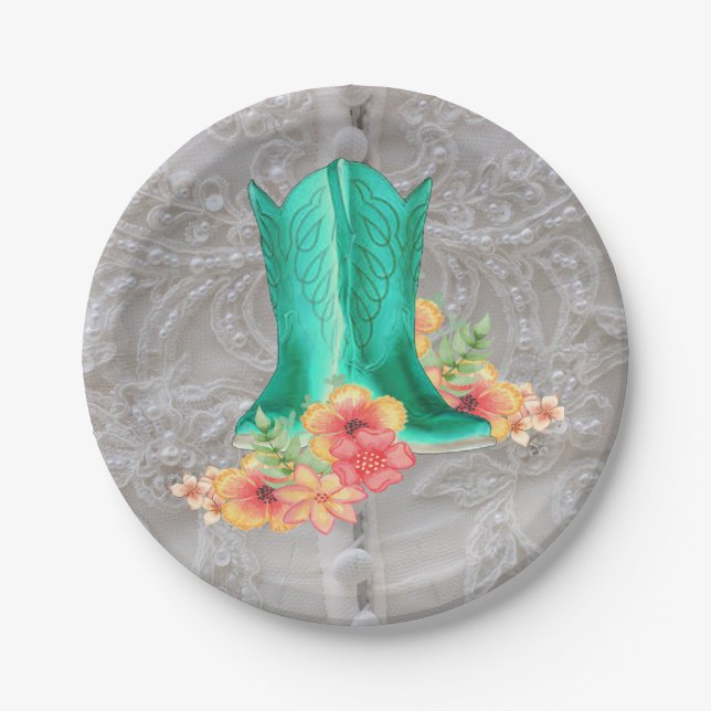 Western Party Wedding Cowboy Boots And Flowers Paper Plates (Front)