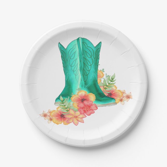 Western Party Wedding Cowboy Boots And Flowers Paper Plates (Front)