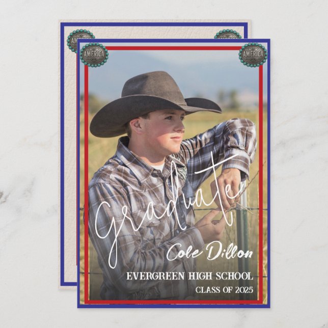 Western Patriotic Photo Graduation Invitation (Front/Back)