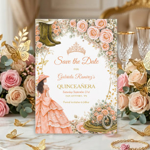 Western Peach Roses Golden Country Quinceañera Save The Date