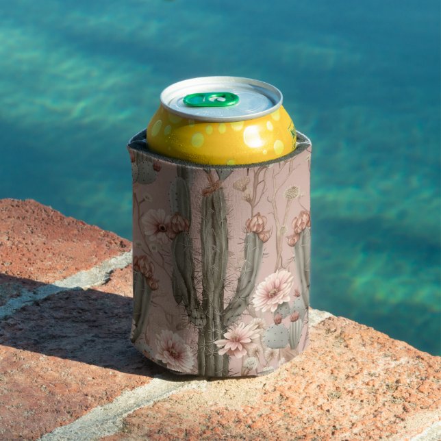 Western Pink Brown Cowgirl Cactus Floral Can Cooler (In Situ Pool)