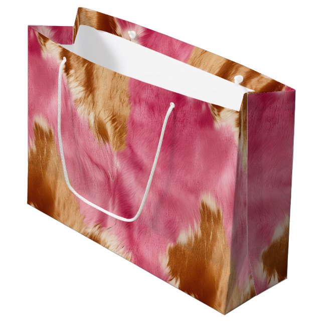 Western Pink Brown Cream Cowgirl Cowhide Large Gift Bag (Front Angled)