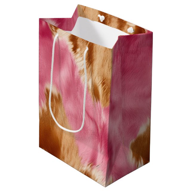 Western Pink Brown Cream Cowgirl Cowhide Medium Gift Bag (Front Angled)