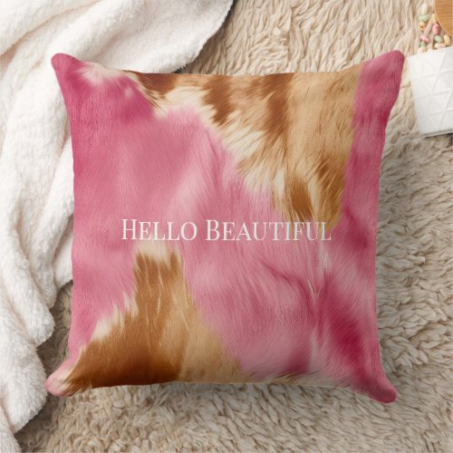 Western Pink Brown Cream Cowgirl Cowhide Throw Pillow