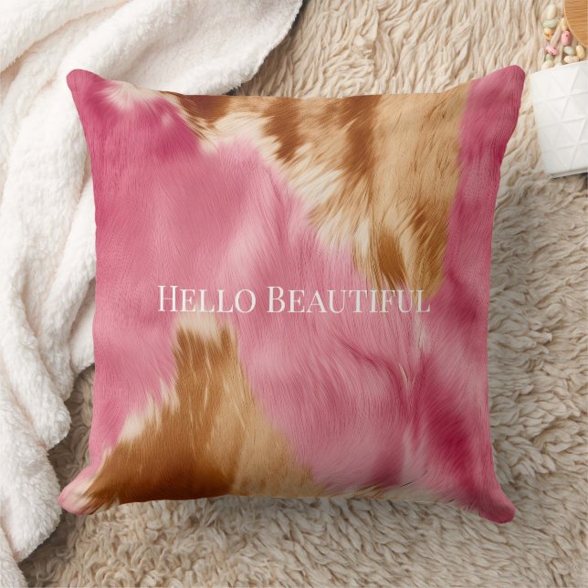 Western Pink Brown Cream Cowgirl Cowhide Throw Pillow (Blanket)