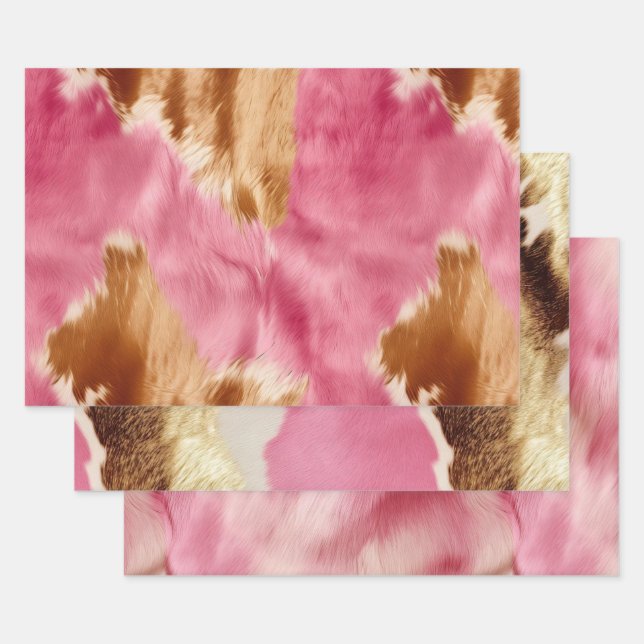 Western Pink Brown Cream Cowgirl Cowhide Wrapping Paper Sheets (Set)