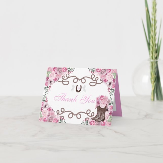 Western Pink Charra Quinceanera Thank You Card (Front)