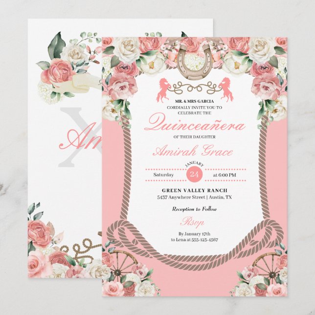 Western Pink Charro Cowgirl Quinceañera Invitation (Front/Back)