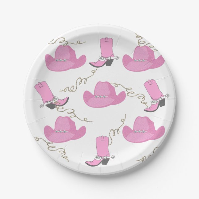 Western Pink Cowboy Boots And Hats Cowgirl Party Paper Plates (Front)