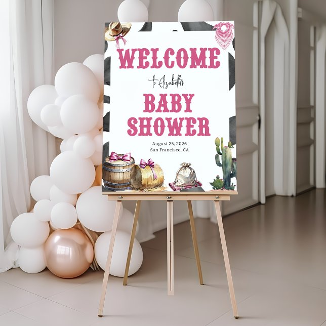 Western Pink Cowgirl Baby Shower Welcome Sign (Western Pink Wild West Country Watercolor Coquette Cowgirl Rodeo Baby Shower Welcome Sign)