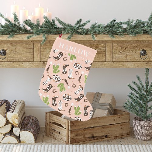 Western Pink Cowgirl Cactus Desert  Monogram Small Christmas Stocking