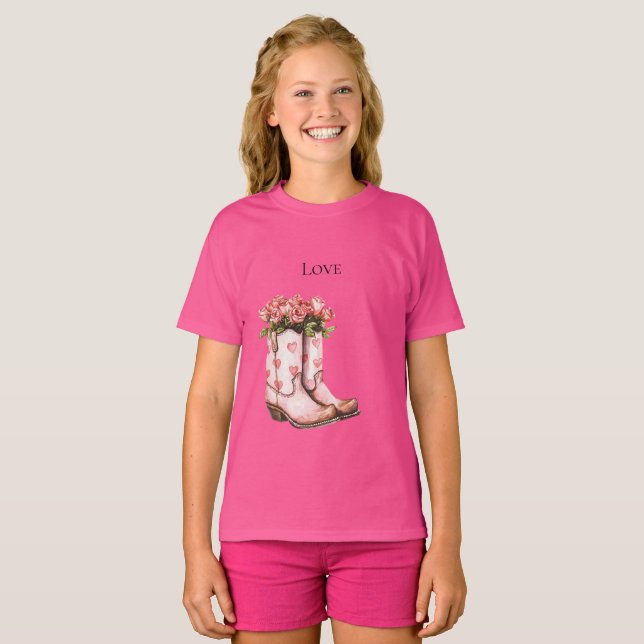 Western Pink Cowgirl Floral Boots T-Shirt (Front Full)