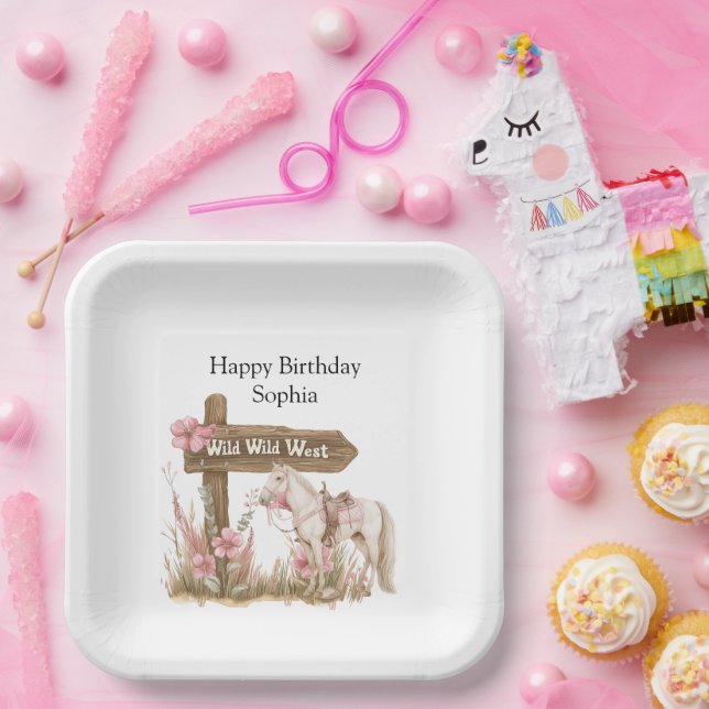 Western Pink Cowgirl Wild West Horse Birthday Paper Plates (Party)